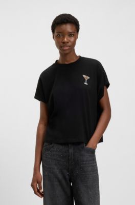 T-shirt Oversize en coton avec motif artistique &agrave; strass, Noir