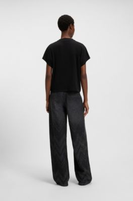 T-shirt Oversize en coton avec motif artistique &agrave; strass, Noir