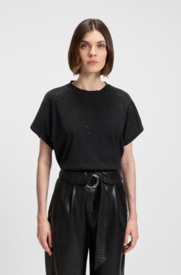 Camiseta de algod&oacute;n oversize fit con dise&ntilde;o de cristales, Negro
