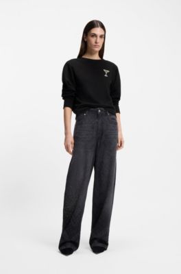 Sudadera de felpa de algod&oacute;n con dise&ntilde;o de cristales, Negro