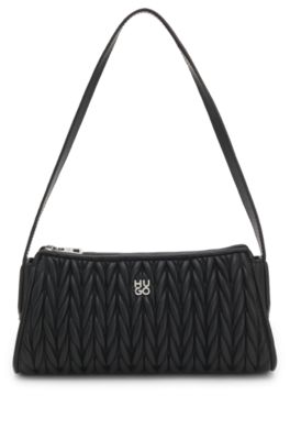 Textured hobo bag with stacked logo, Black