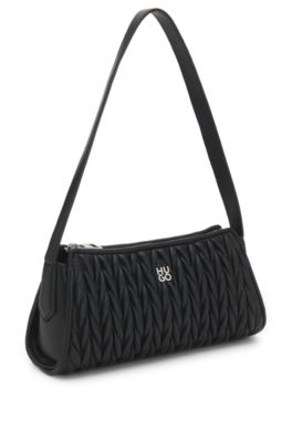 Textured hobo bag with stacked logo, Black