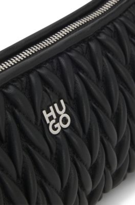 Bolso hobo con textura y ribete de logo apilado, Negro