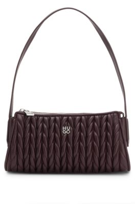 Textured hobo bag with stacked logo, Dark Brown
