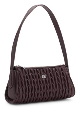 Textured hobo bag with stacked logo, Dark Brown