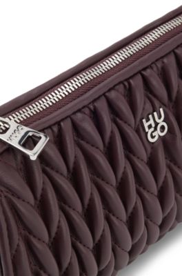 Textured hobo bag with stacked logo, Dark Brown