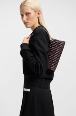 Textured hobo bag with stacked logo, Dark Brown