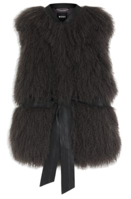 Mongolian-shearling gilet with detachable leather belt, Dark Grey