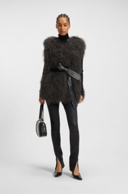 Mongolian-shearling gilet with detachable leather belt, Dark Grey