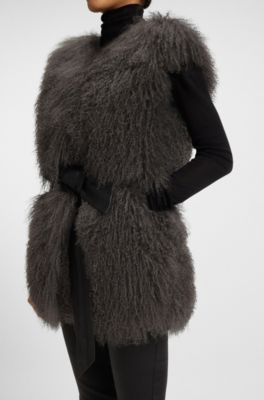 Mongolian-shearling gilet with detachable leather belt, Dark Grey
