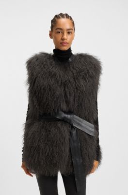 Mongolian-shearling gilet with detachable leather belt, Dark Grey