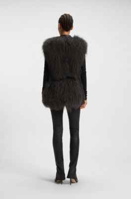 Mongolian-shearling gilet with detachable leather belt, Dark Grey
