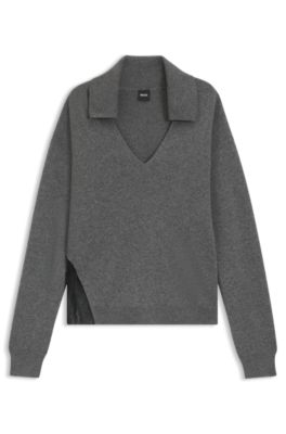 Jersey con cuello en lana y cashmere con detalles de encaje, Gris oscuro