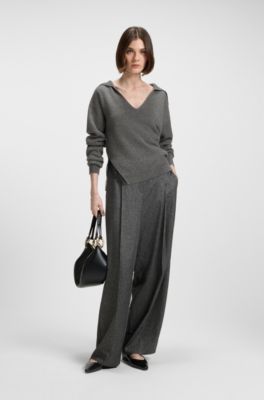 Jersey con cuello en lana y cashmere con detalles de encaje, Gris oscuro