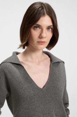 Jersey con cuello en lana y cashmere con detalles de encaje, Gris oscuro