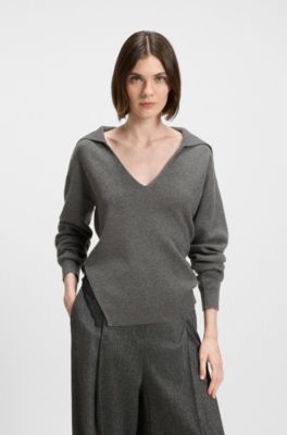 Jersey con cuello en lana y cashmere con detalles de encaje, Gris oscuro