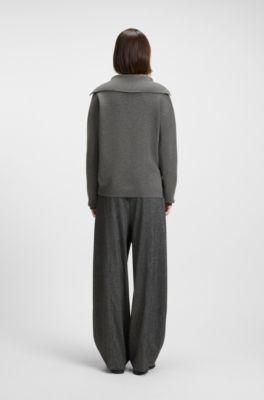 Jersey con cuello en lana y cashmere con detalles de encaje, Gris oscuro