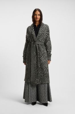 Cardigan long en laine m&eacute;lang&eacute;e textur&eacute;e &agrave; motif et ceinture, Fantaisie