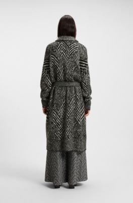 Cardigan long en laine m&eacute;lang&eacute;e textur&eacute;e &agrave; motif et ceinture, Fantaisie
