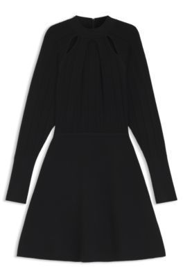 Vestido de punto estilo skater con detalles de costuras de encaje, Negro