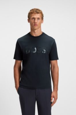 Camiseta en punto de algod&oacute;n con logo estructurado, Azul oscuro
