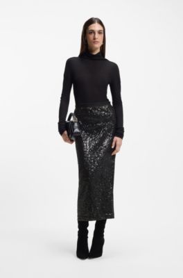 Sequin-embellished skirt with lustrous inserts, Black