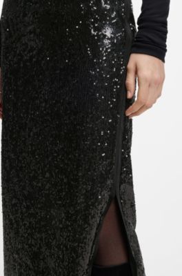 Falda de lentejuelas con apliques brillantes, Negro
