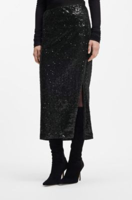 Falda de lentejuelas con apliques brillantes, Negro