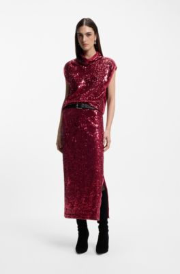 Falda de lentejuelas con apliques brillantes, Rojo oscuro