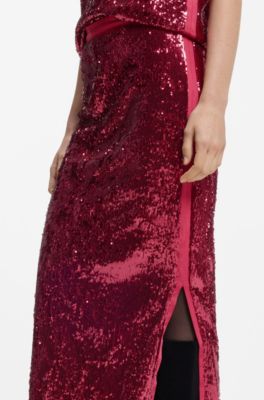 Falda de lentejuelas con apliques brillantes, Rojo oscuro