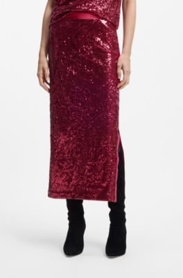 Falda de lentejuelas con apliques brillantes, Rojo oscuro