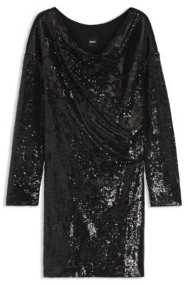 Vestido con escote drapeado y adornos de lentejuelas, Negro