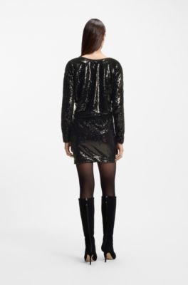 Vestido con escote drapeado y adornos de lentejuelas, Negro
