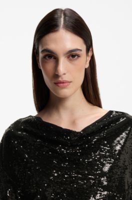 Vestido con escote drapeado y adornos de lentejuelas, Negro