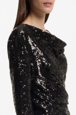 Vestido con escote drapeado y adornos de lentejuelas, Negro
