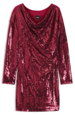 Sequin dress with draped neckline, Dark Red