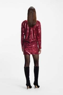 Sequin dress with draped neckline, Dark Red
