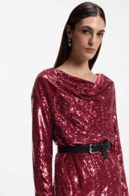 Sequin dress with draped neckline, Dark Red