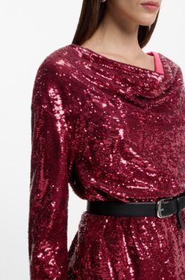 Robe &agrave; encolure drap&eacute;e et orn&eacute;e de sequins, Rouge sombre