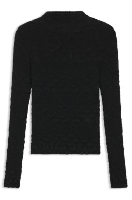 Geometric-pliss&eacute; top with long sleeves, Black