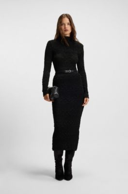 Geometric-pliss&eacute; top with long sleeves, Black
