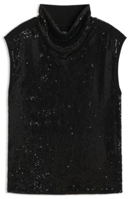Sequin top with draped funnel neckline, Black