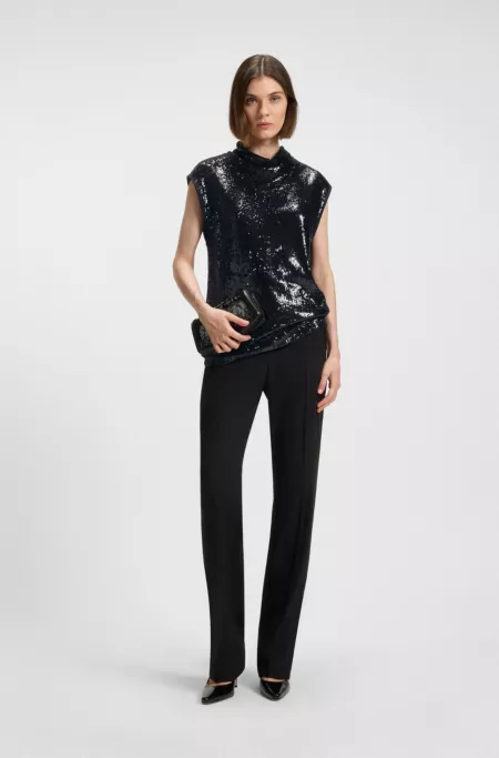 Sequin top with draped funnel neckline