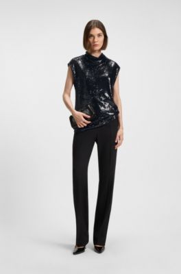 Top con cuello mao alto con apliques de lentejuelas, Negro