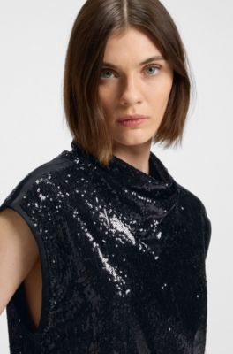 Sequin top with draped funnel neckline, Black