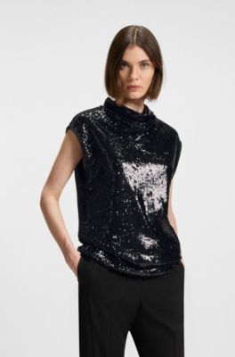 Top con cuello mao alto con apliques de lentejuelas, Negro