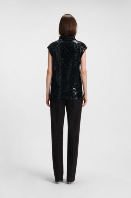 Sequin top with draped funnel neckline, Black