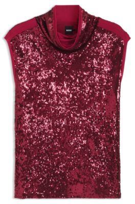 Sequin top with draped funnel neckline, Dark Red