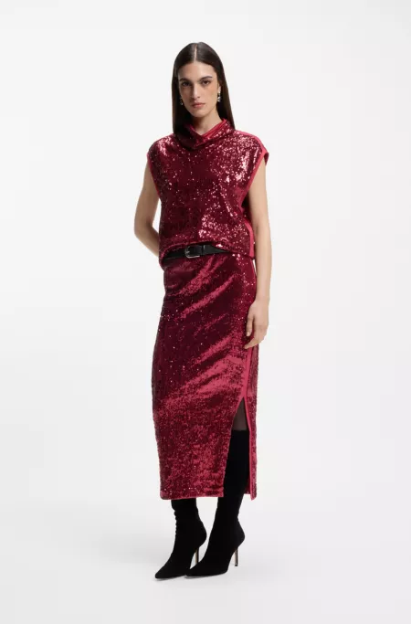 Sequin top with draped funnel neckline