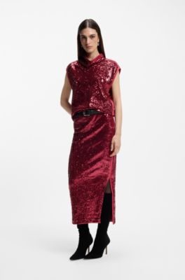 Top con cuello mao alto con apliques de lentejuelas, Rojo oscuro